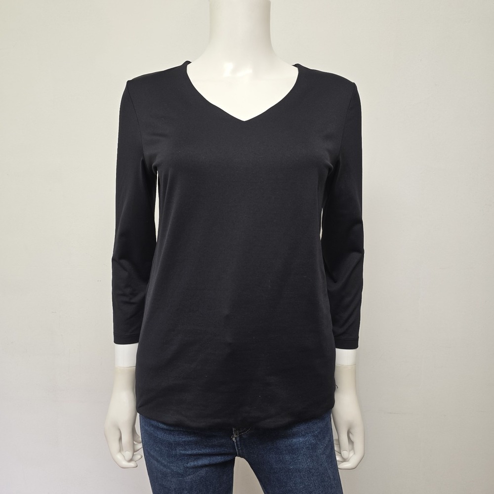 Judy P Top Size S Black Micro Fiber 3/4 Slv Stretch V-neck USA Made Minimalist